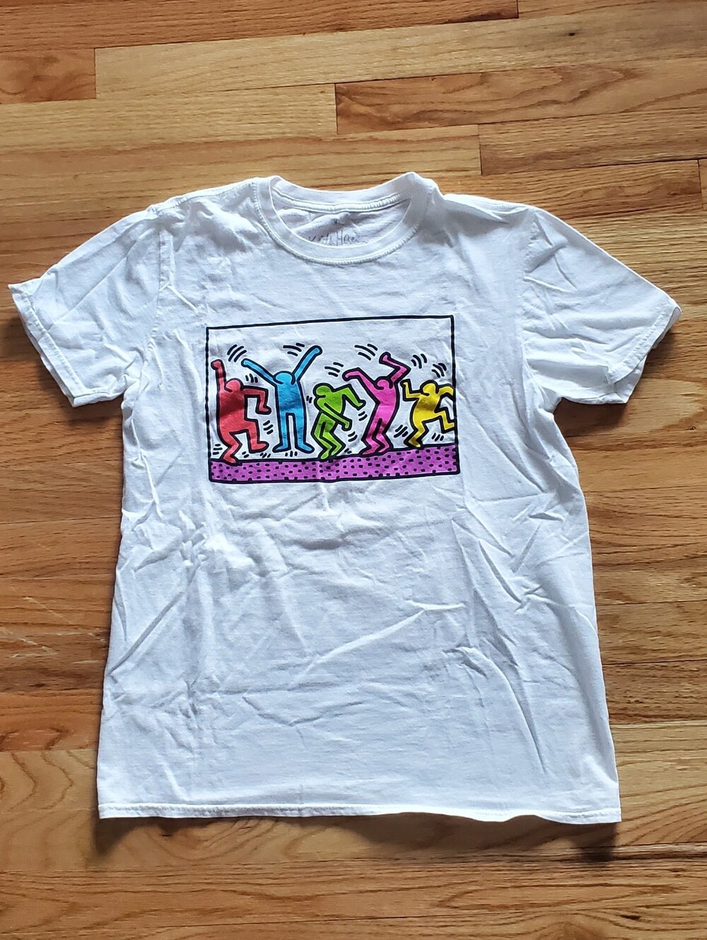 Keith Haring White Graphic Tee with Colorful Dance Print